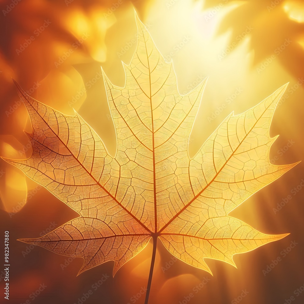Poster autumn maple leaves background with sun rays and bokeh effect generated by ai