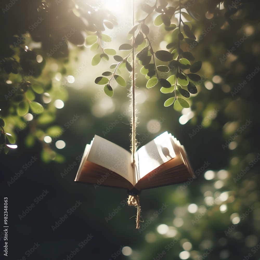 Poster a small, open book hanging from a string amidst foliage with sunlight filtering through the leaves, 