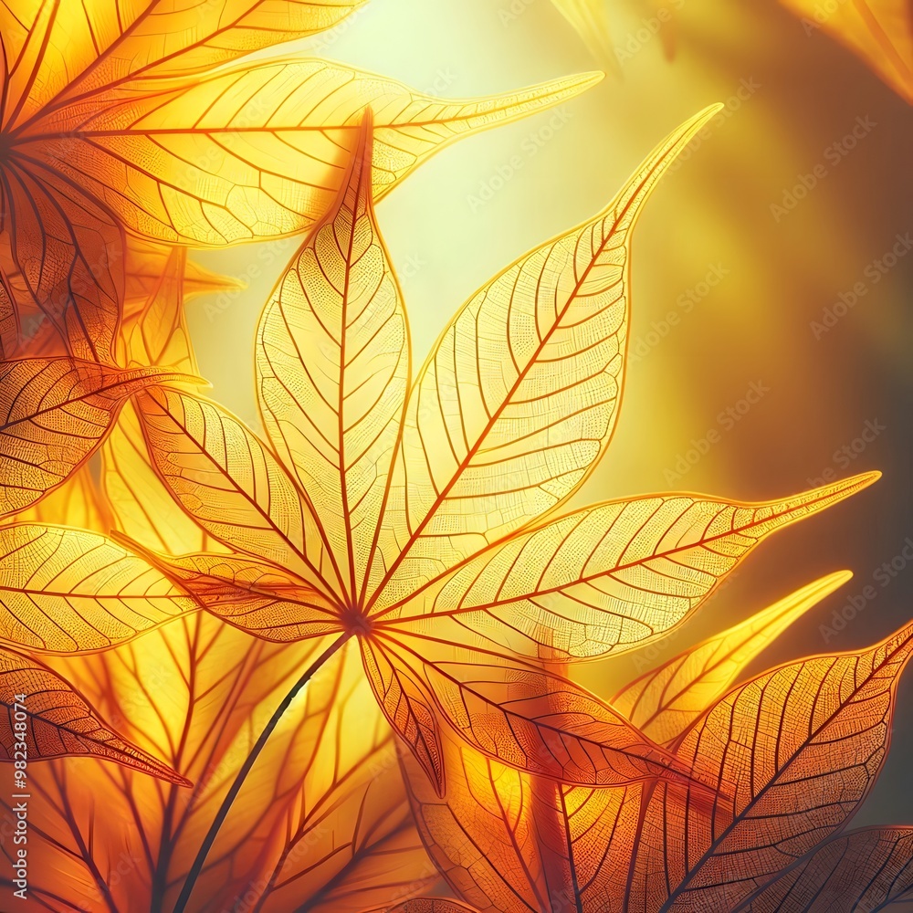Poster autumn maple leaves background with sun rays and bokeh effect generated by ai