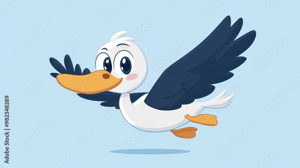Poster enjoy a charming animation of a cartoon duck flapping its wings as it takes flight against a green s