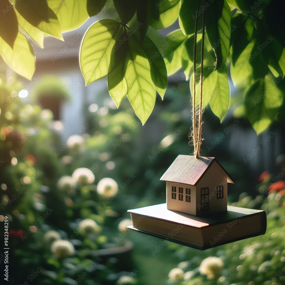 Poster a small house hanging from a string amidst foliage with sunlight filtering through the leaves genera