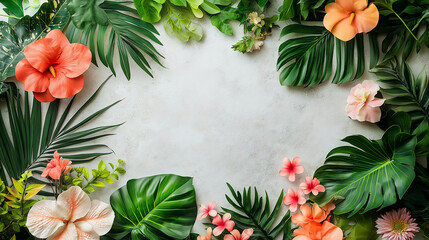 Fototapeta premium Tropical floral arrangement with lush green leaves and vibrant flowers on white background. Border frame with empty copy space