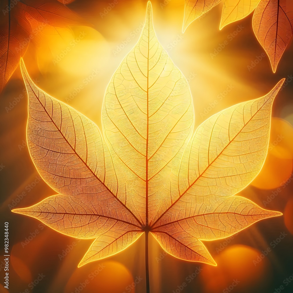 Poster autumn maple leaves background with sun rays and bokeh effect generated by ai