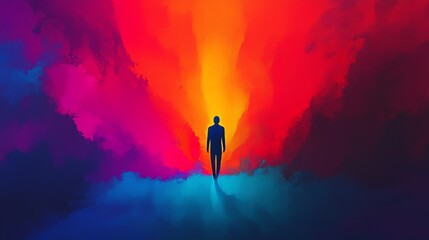 A vibrant silhouette stands against a dramatic burst of color, symbolizing journey, hope, and transformation in a surreal landscape.