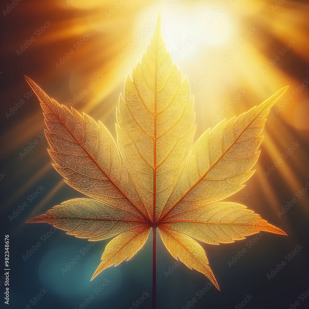 Poster autumn maple leaves background with sun rays and bokeh effect generated by ai