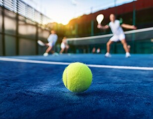 Single padel ball bouncing on the court surface with a blurred background of players