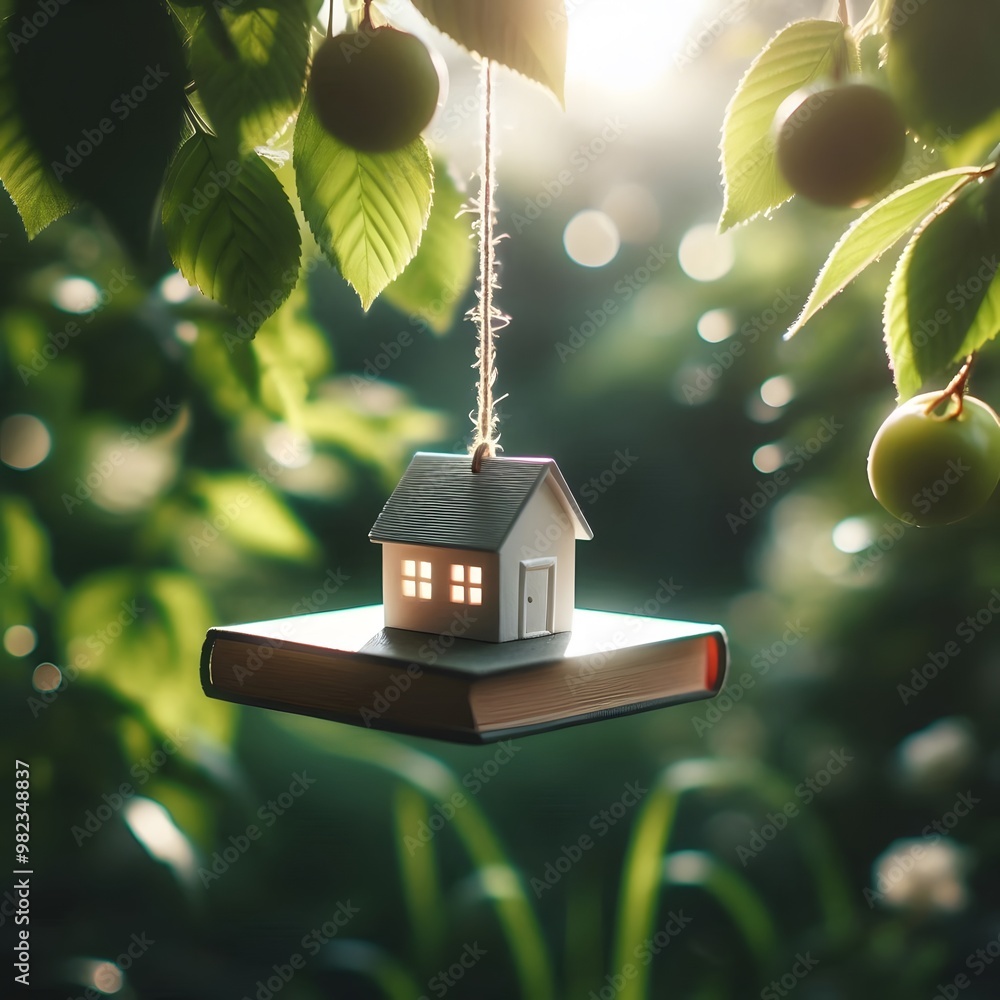 Poster a small house hanging from a string amidst foliage with sunlight filtering through the leaves genera