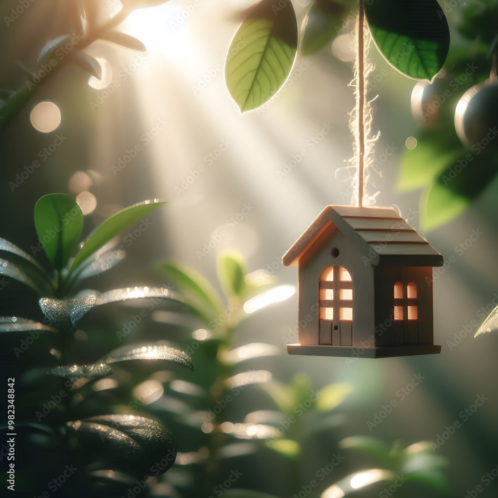 Poster a small house hanging from a string amidst foliage with sunlight filtering through the leaves genera