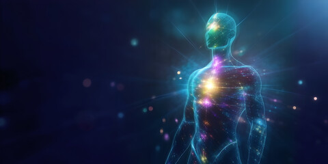 Allow your light body to connect to all that is - outline of male body with chakras glowing against dark blue background with copy space  for spiritual message 
