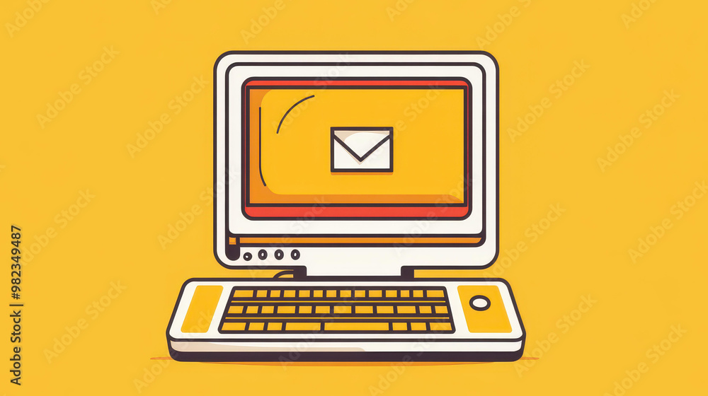 Poster a modern, minimalistic 2d vector design featuring a computer and keyboard in a clean, cartoonish sty