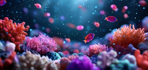 Fototapeta premium Vibrant underwater scene featuring colorful coral reefs and schools of fish, showcasing the beauty of marine life.