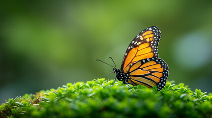 Fototapeta premium Monarch butterfly perched on vibrant green moss