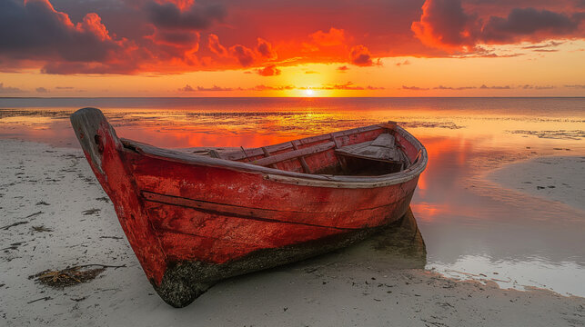 Abandoned red wooden boat on a sandy shore at sunset with vibrant orange skies