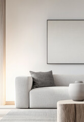 Modern minimalist living room design featuring a cozy sofa, decorative pillow, and a round coffee table in soft natural light