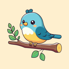 Cute Bird On Branch Cartoon Vector Icon Illustration. Animal Nature Icon Concept Isolated Premium Vector. Flat Cartoon Style