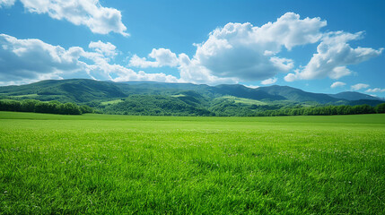 Fototapeta premium Wide open green field with rolling hills and mountains under a bright blue sky with clouds
