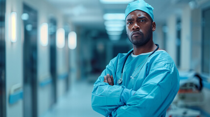 african american male surgeon weary doctor in hospital interiors