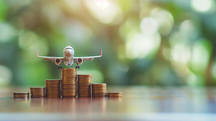 Airplane landing on stacked coins symbolizing rising travel costs and aviation expenses