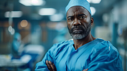 Fototapeta premium african american male surgeon weary doctor in hospital interiors