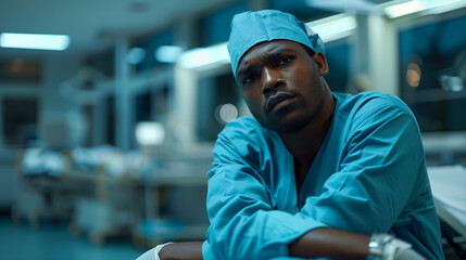 Fototapeta premium african american male surgeon weary doctor in hospital interiors