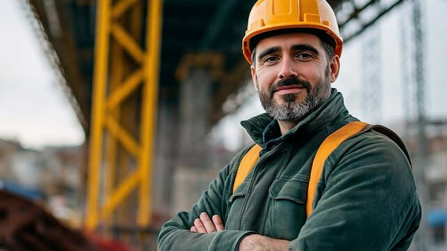 Construction workers of a bridge stand confidently at their workplace, wearing hard hats and safety vests.