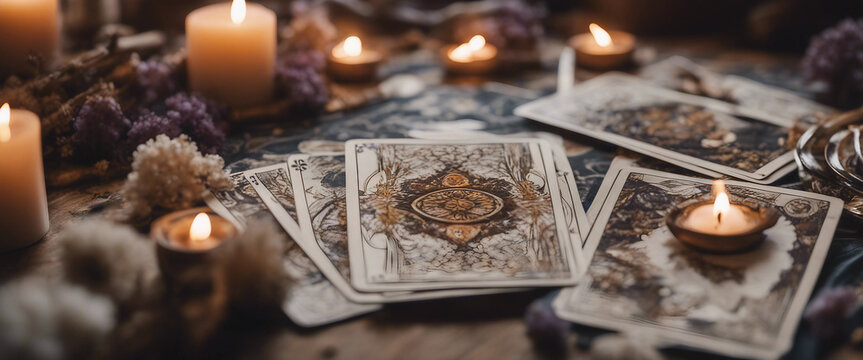 Tarot cards on the table with crystals dry flowers and smoke Blurred background with copy space occu