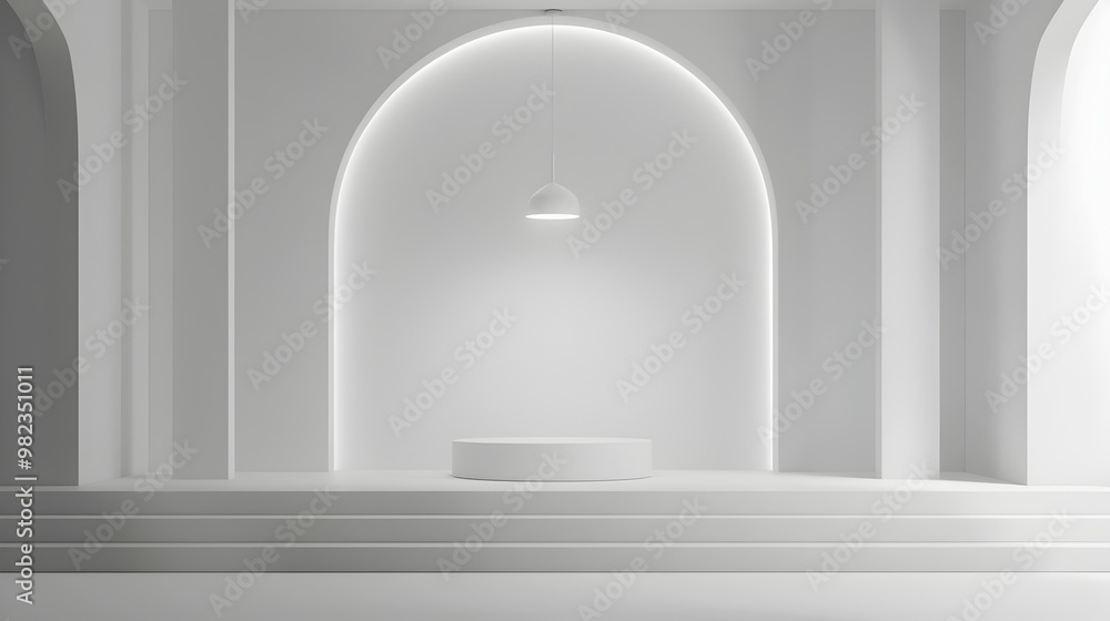 Poster minimalist white podium with soft overhead lighting in empty all white room for product display conc
