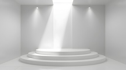 Obraz premium Minimalist White Podium with Clean Lines and Overhead Lighting for Product Display Concept