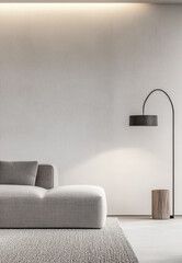 Modern living room with a comfortable gray sofa, stylish floor lamp, and neutral decor in a cozy contemporary space