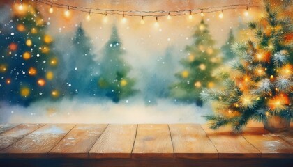 Wooden tabletop with Christmas lights and decorated trees in the background