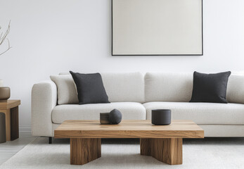 Elegant modern living room featuring a light gray sofa, minimalist decor, and a stylish wooden coffee table in a bright setting