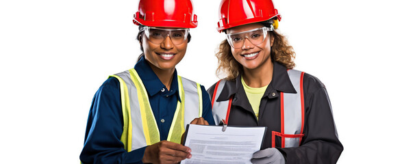 Two female construction workers in safety gear smiling while discussing project plans indoors at a construction site under bright lighting