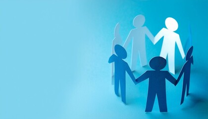 Paper cutout figures holding hands in a circle on a blue background