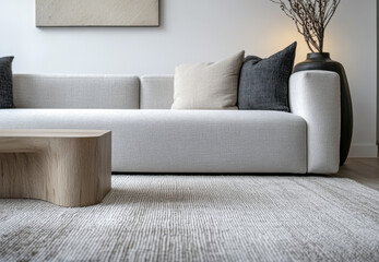 Cozy living room interior featuring a modern sofa, textured rug, and decorative accents in soft natural light