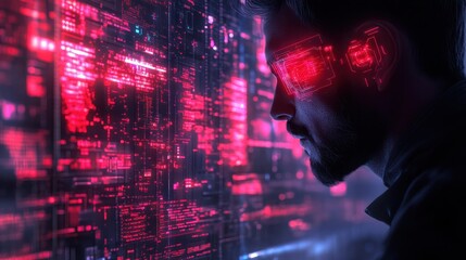 Man in a futuristic environment wearing digital glasses, analyzing data projected on a large virtual screen filled with glowing red holographic interfaces, cyber technology.