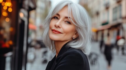 Fototapeta premium Elegant mature woman with silver hair smiling outdoors