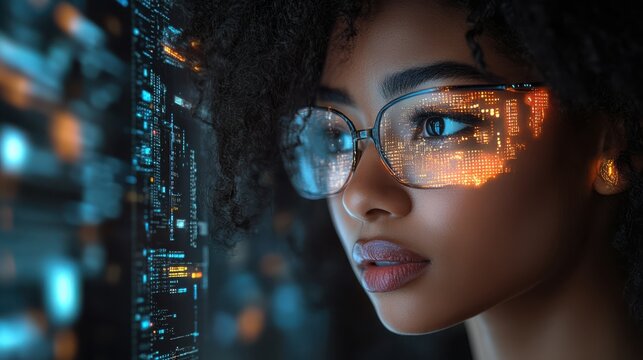 Woman wearing digital glasses examining a high-tech virtual interface, surrounded by glowing data and futuristic lights in an advanced technology-driven world.