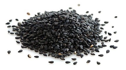 Black sesame seeds on white background