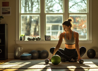 Naklejka premium Młoda kobieta sportowym stroju w czasie domowego treningu z ciężarkami i piłkami.