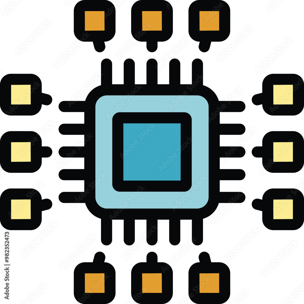 Poster microchip with multiple circuit paths is receiving and transmitting data, symbolizing technological 