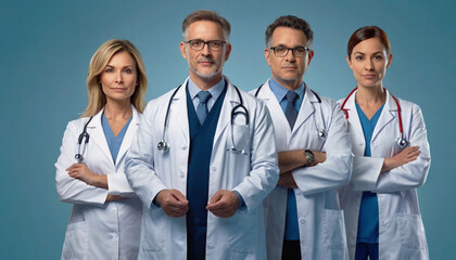 Fototapeta premium Group of modern doctors - men and women, standing as a team with crossed arms in white coats on a blue background.