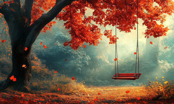 wooden swing from colorful autumn leaves on an autumn tree in park