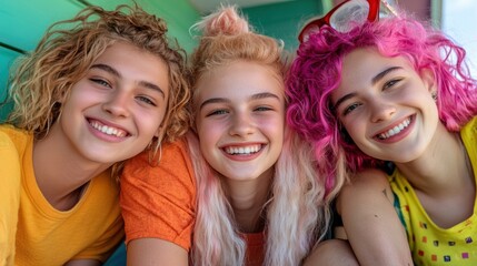 Naklejka premium Three girls with bright colored hair smiling at the camera, AI