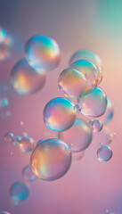 Fototapeta premium Translucent soap bubbles on pastel holographic light background vertical