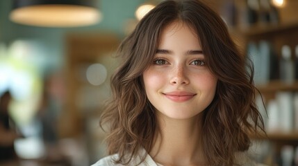 Portrait of a young woman smiling softly in a cozy indoor setting, surrounded by warm lighting, with a natural and relaxed expression