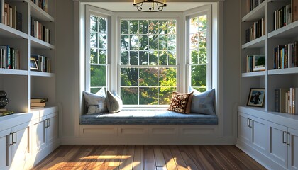 Bookshelf with books and cushions in the interior