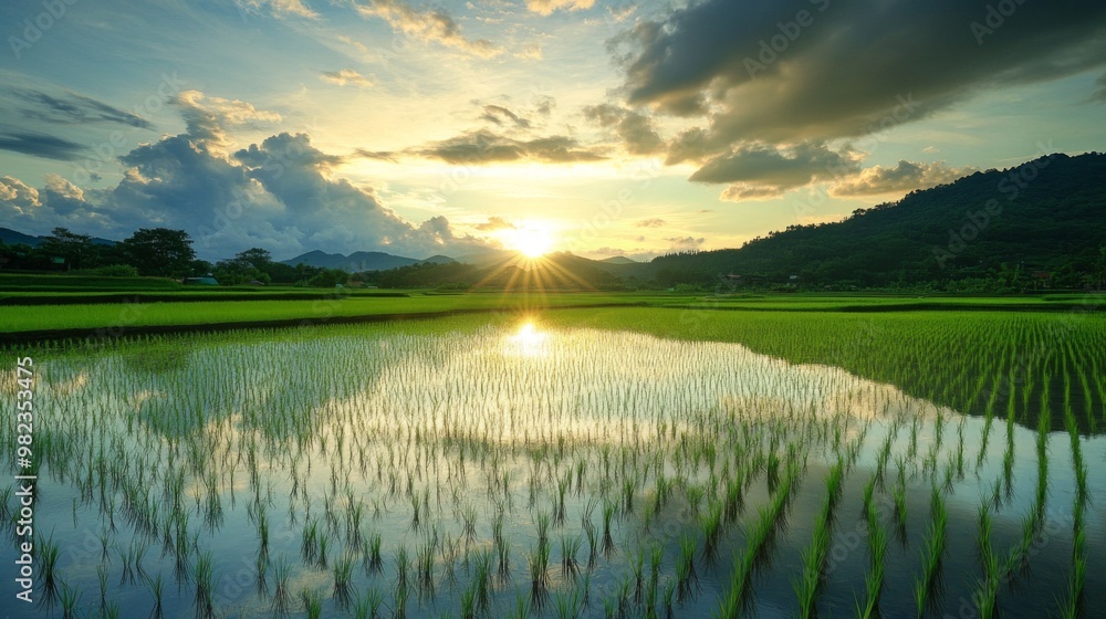 Poster a tranquil view of a rice field with a reflection of clouds and sky in the water-filled paddies, cap