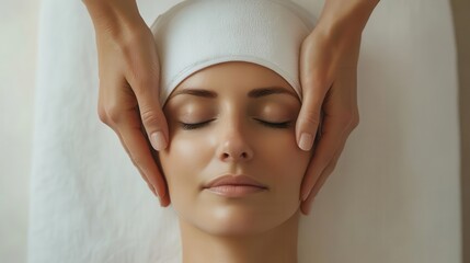 Aerial shot of relaxing facial massage at a spa. Relaxing facial spa treatment.