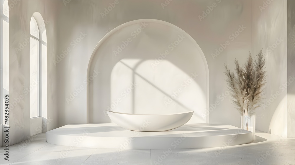 Poster podium in minimalist art gallery with abstract shape for product display