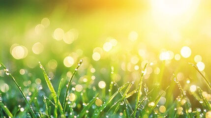 Obraz premium Dew-Covered Blades of Grass in Sunlight